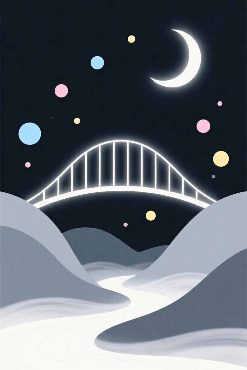 A dreamlike bridge made of moonlight rising from a mist-covered valley, filled with miniature planets, evoking dreamlike serenity.
