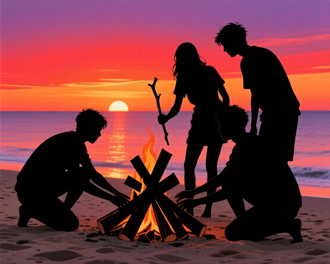 A group of friends building a bonfire together as the sun sets over the sea.
