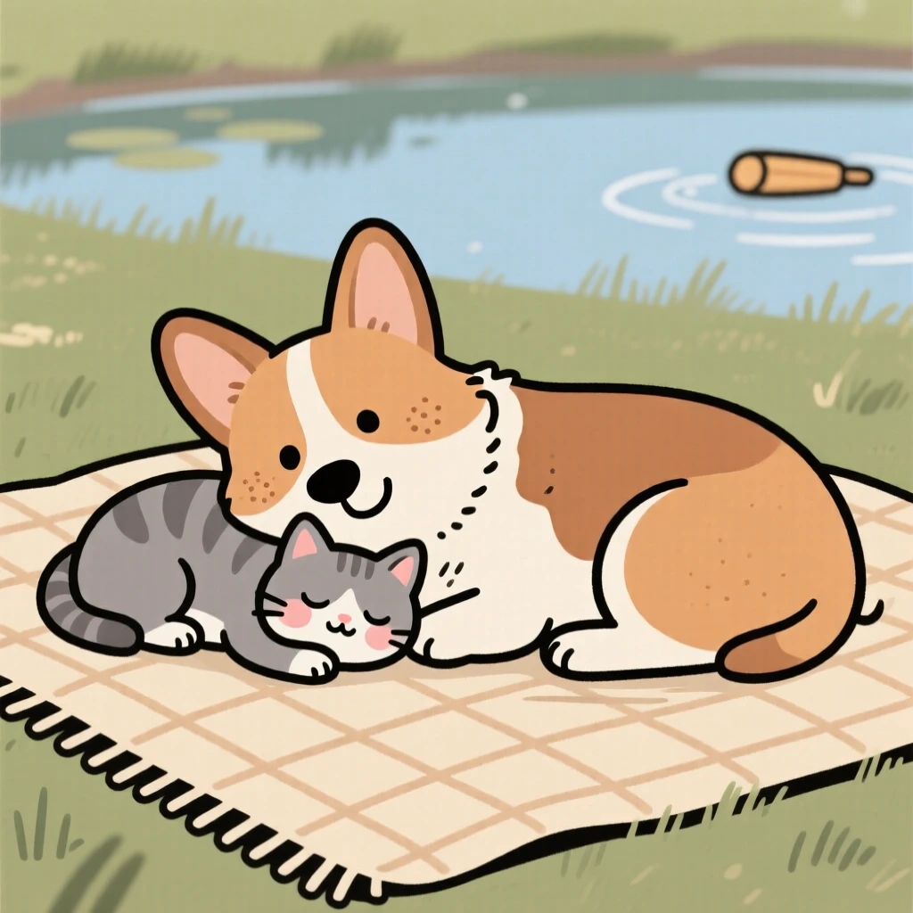 A corgi curls up beside a sleeping kitten on a woven blanket, both worn out after an afternoon of playing fetch by the pond.