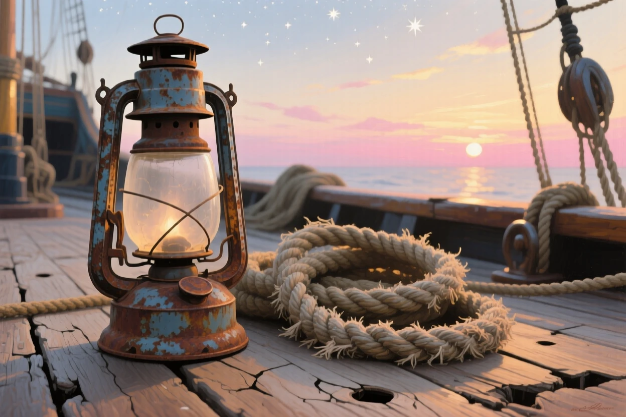 A close-up view of an old lantern and coiled rope on a weathered ship's deck, under a canopy of stars, just after sunrise.