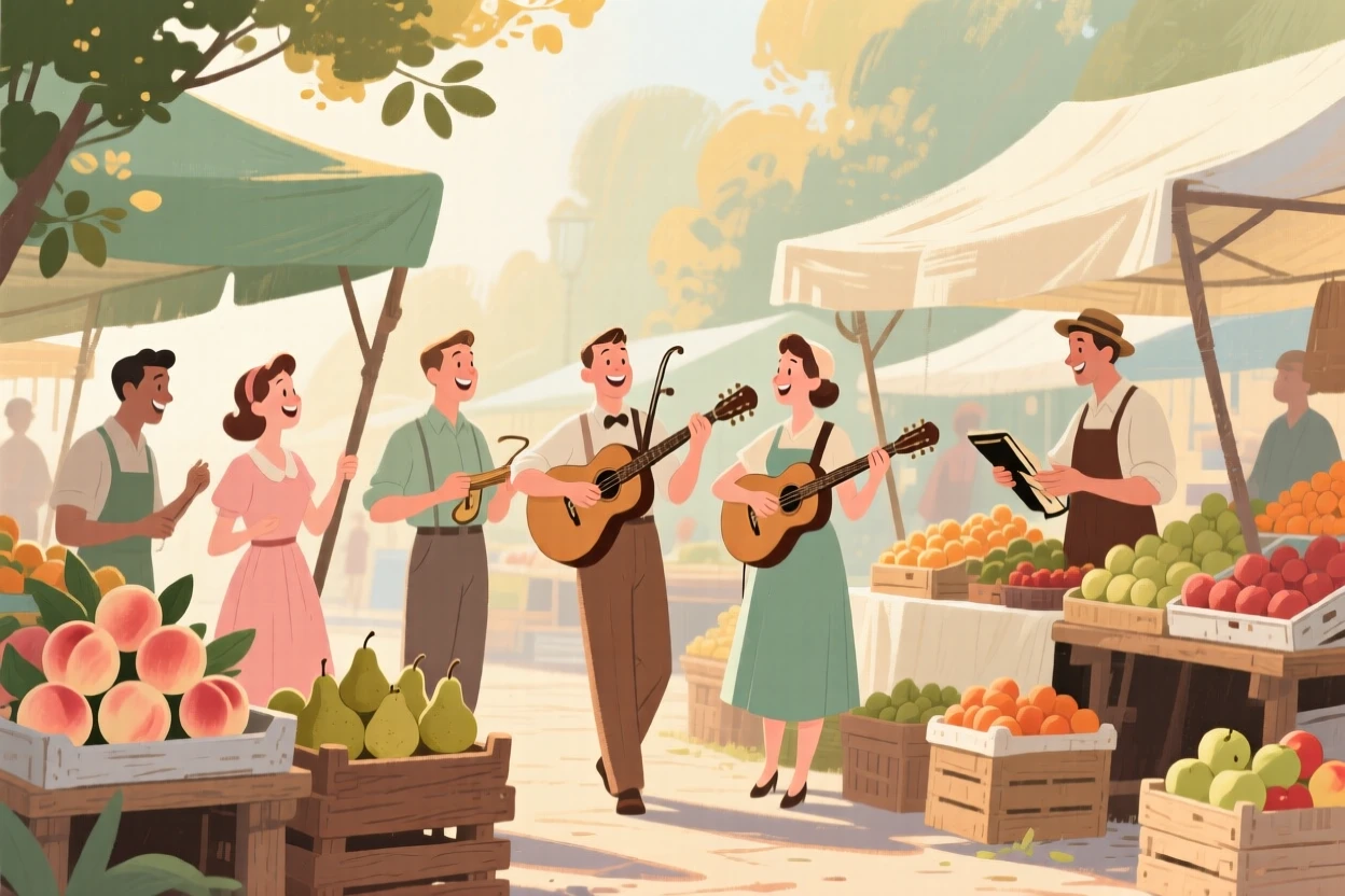 A market day scene with musicians playing beside the fruit stalls