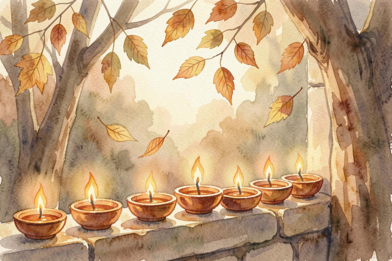 A Diwali celebration with rows of glowing oil lamps as golden autumn leaves drift in the breeze.