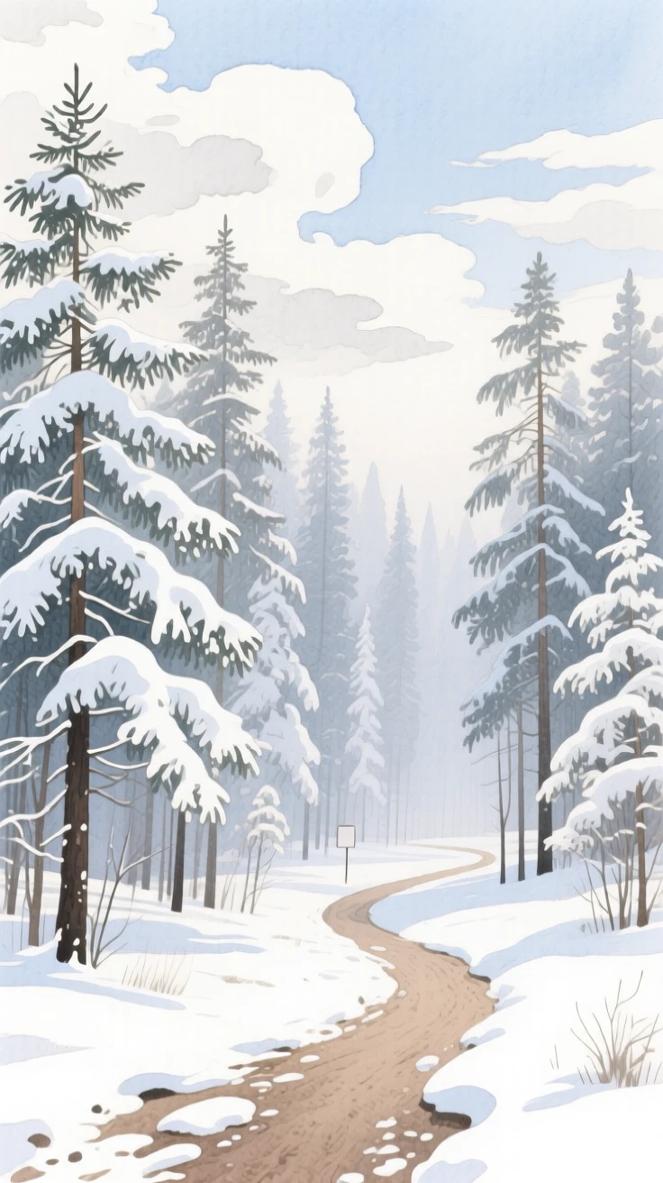 A breathtaking view of a snow-dusted pine forest beneath drifting clouds, with a narrow path winding through