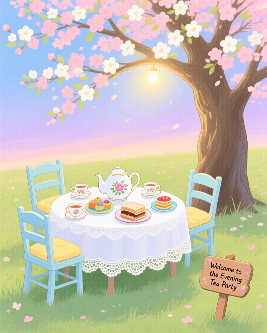 A tea party set up under a blossoming tree, glowing softly as evening falls.