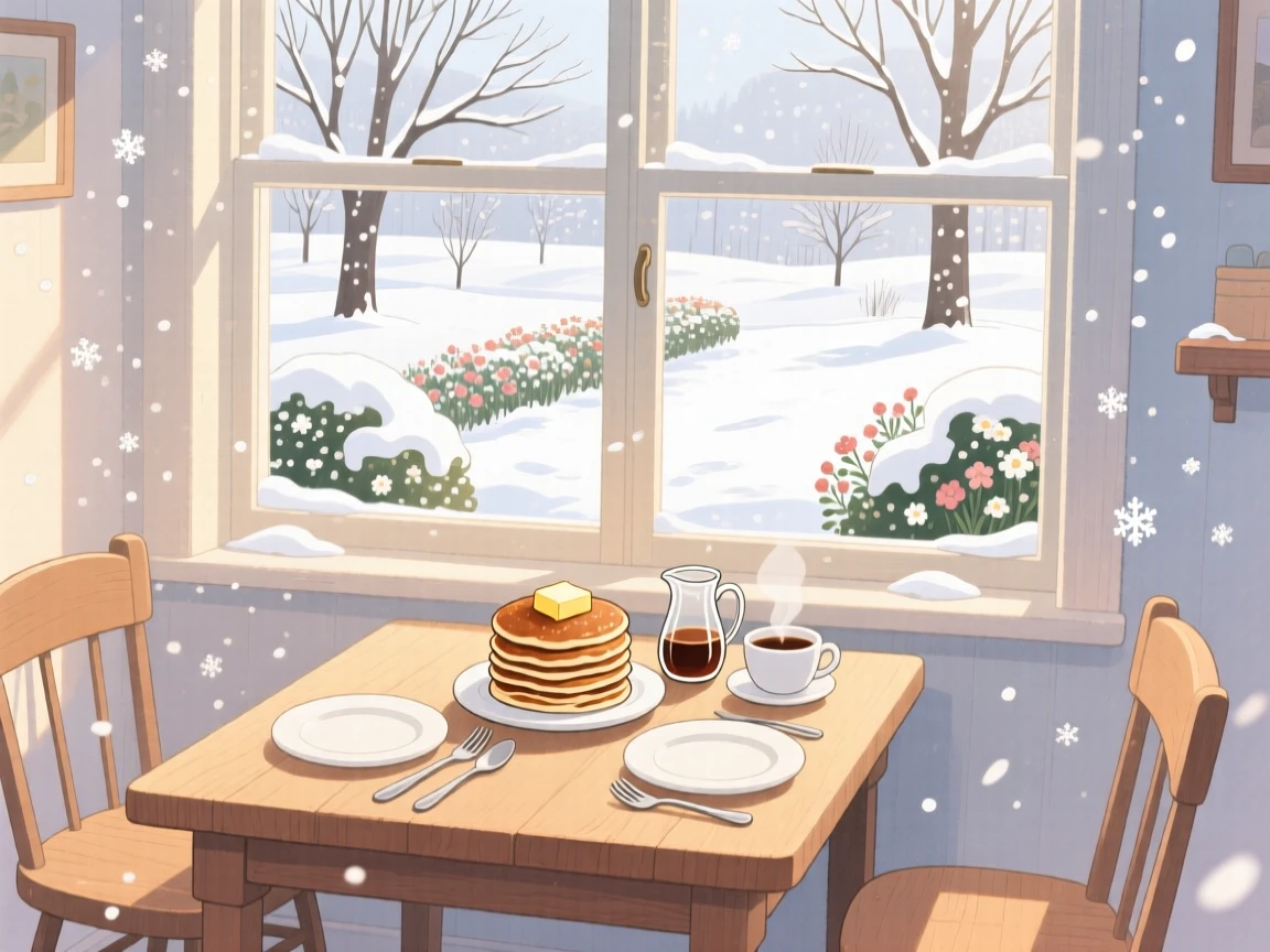A breakfast nook overlooking a snowy garden, table set with pancakes and syrup, with sunlight catching dust motes in the air, evoking a gentle, unhurried happiness.