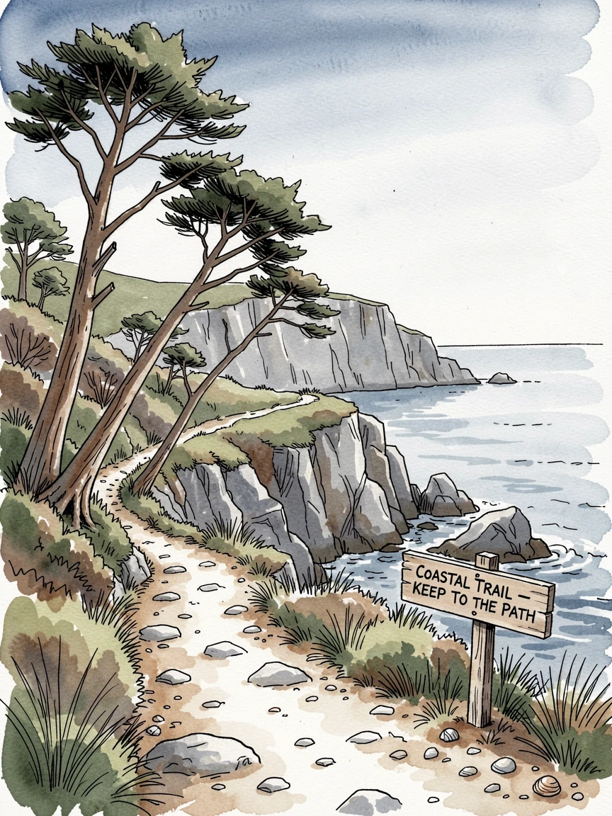 A rugged coastal trail winding along wind-bent cypress trees, the air still and cool with the promise of a new day.