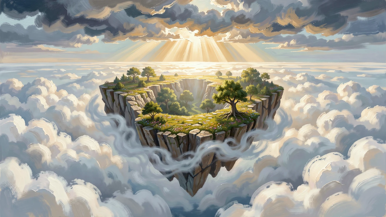 A floating island suspended above a sea of clouds, a gentle mist swirling around its feet, within a hidden valley shrouded in mist, as golden light breaks through parting storm clouds.