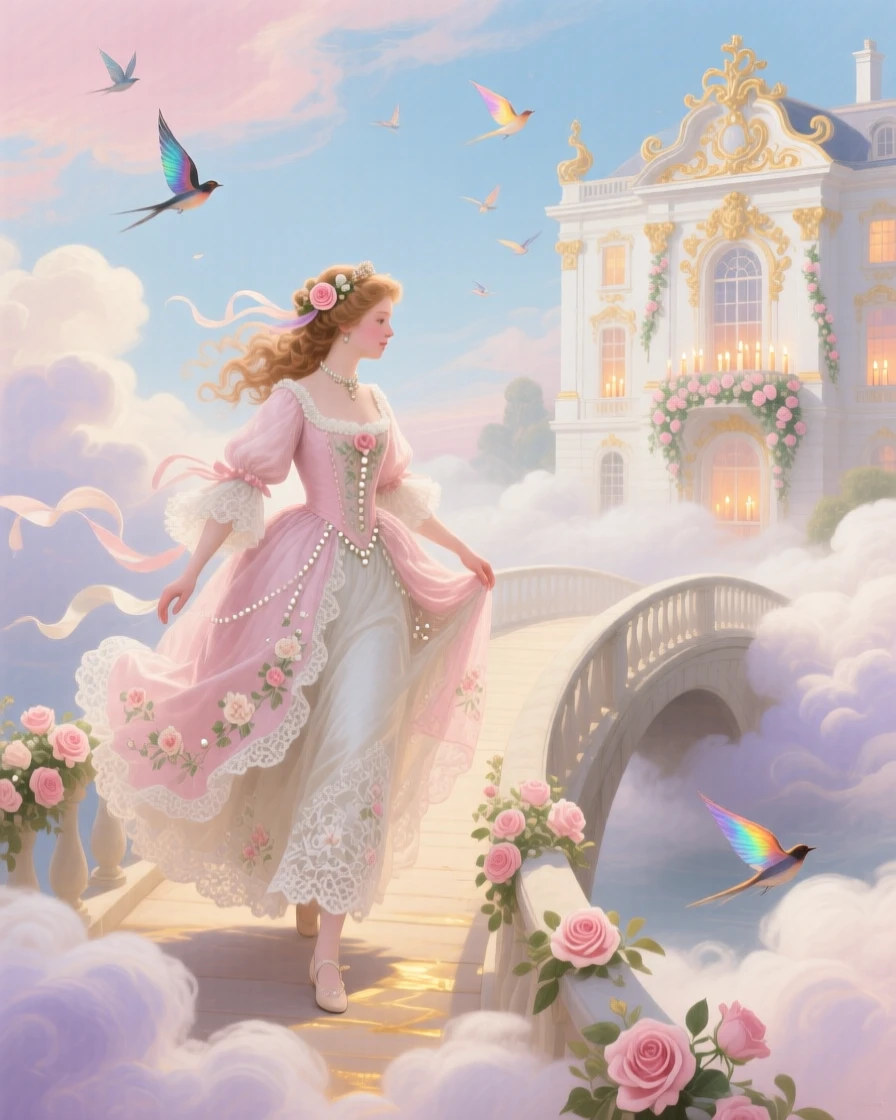 A princess walking across a bridge of clouds toward a distant palace  