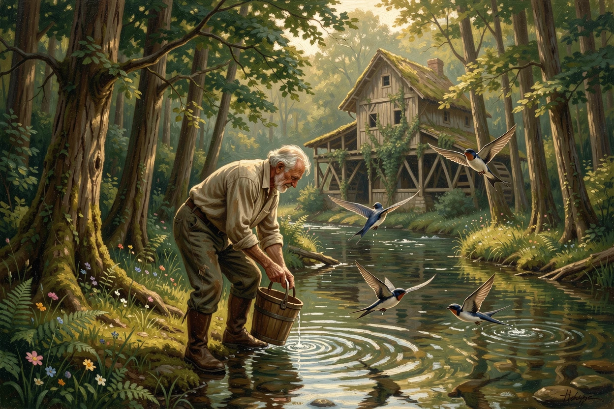 An old miller gathers water from a narrow tributary hidden in the woods while swallows skim the surface.