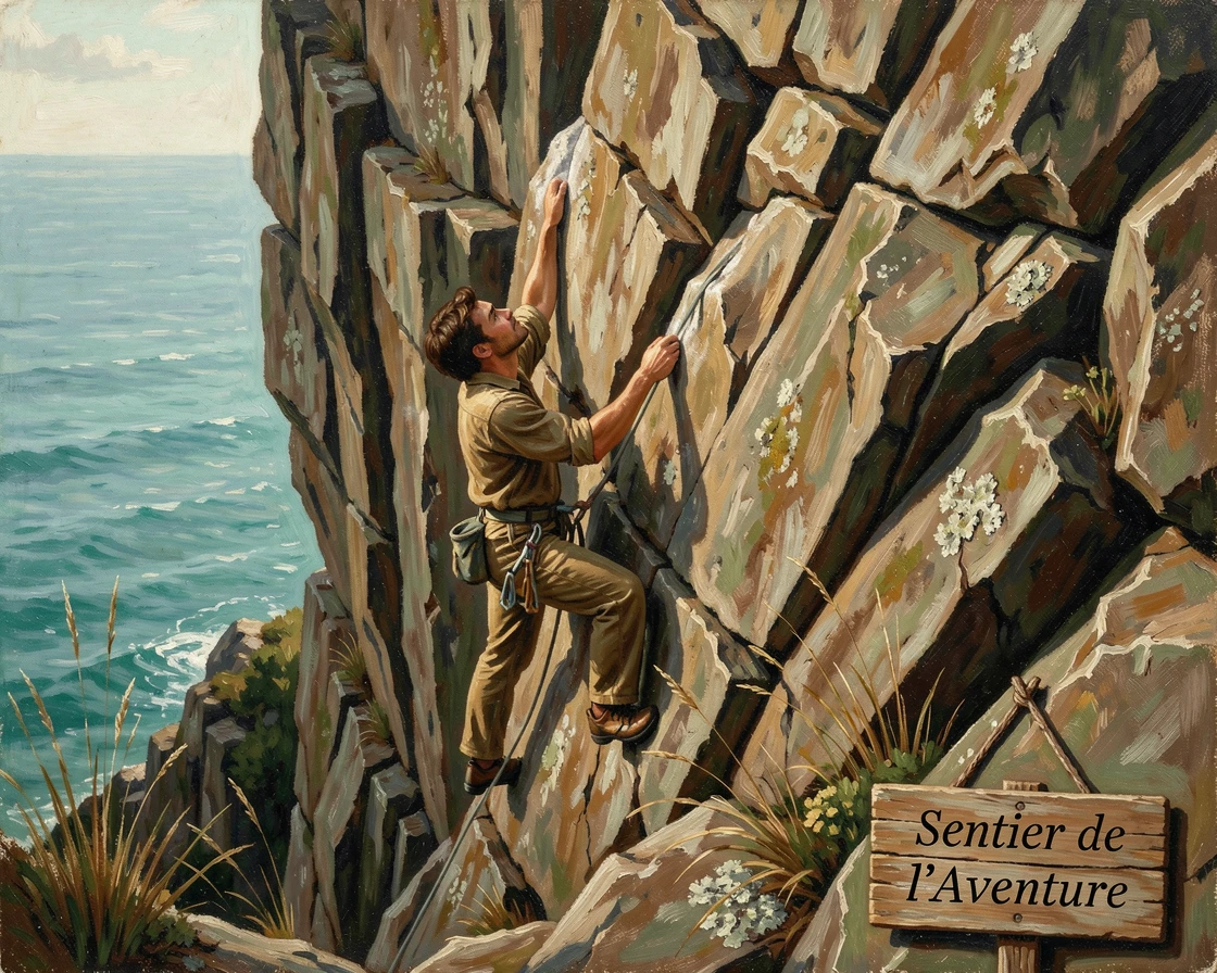 A rock climber scaling a dramatic cliff face high above a turquoise sea, with a sense of freedom and wonder evident in every detail, evoking wanderlust and the irresistible call of adventure