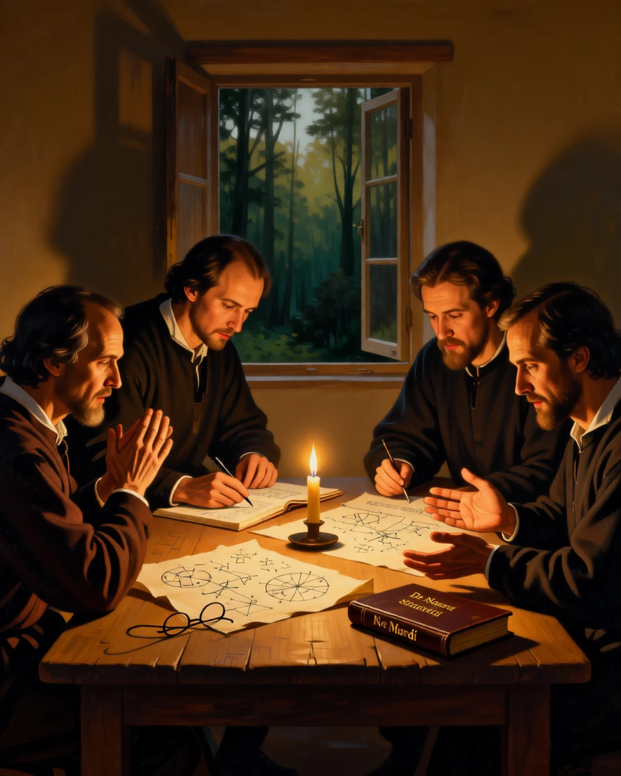 A group of scholars debating the nature of the cosmos by candlelight at the quiet culmination of a long inner journey, set within a humble village at the edge of a quiet forest, with open hands extended in a gesture of blessing or gratitude; quiet, uncluttered space allows the emotional core room to breathe, evoking reverence, humility, and quiet transcendence.