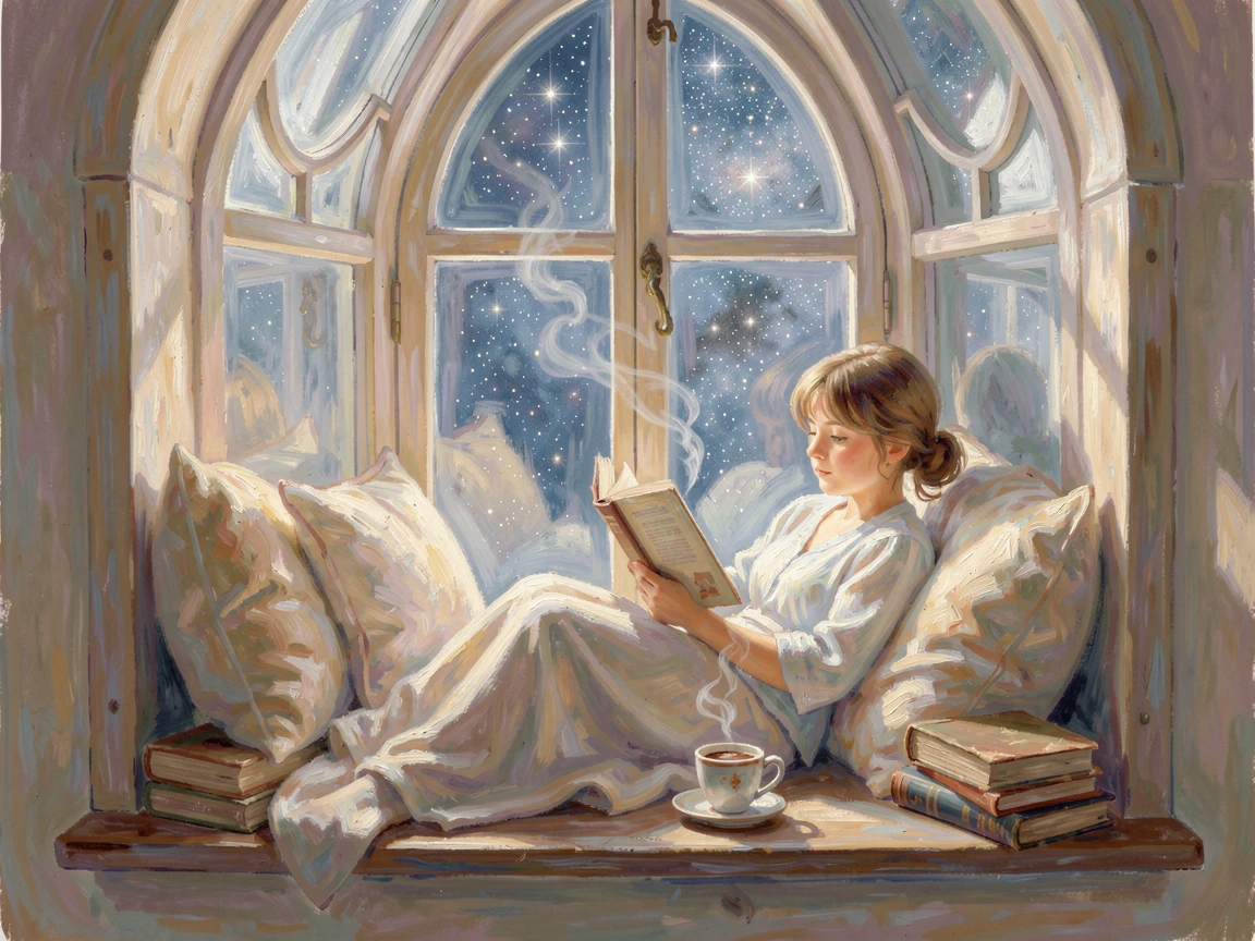 A young reader curled up in a window seat with a stack of books and a cup of cocoa, under a canopy of stars.