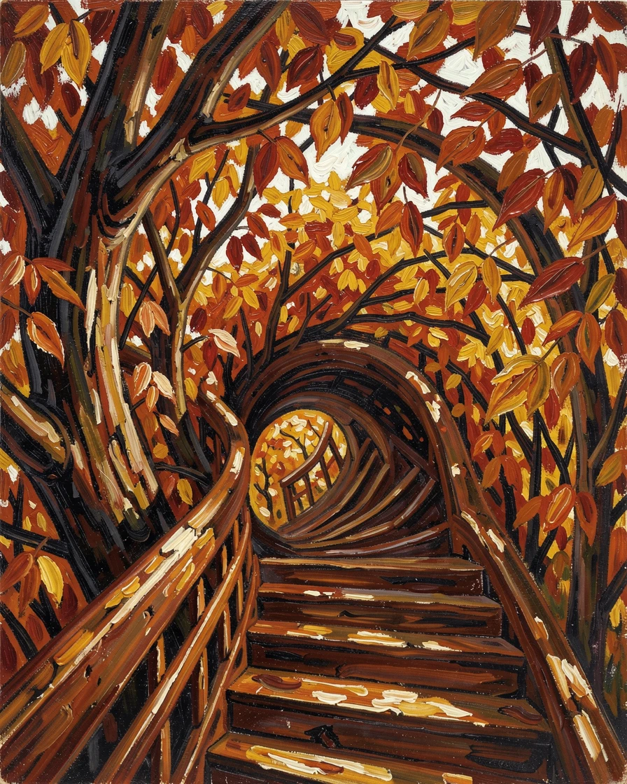 A staircase spiraling upward into a canopy of autumn leaves and soft light.