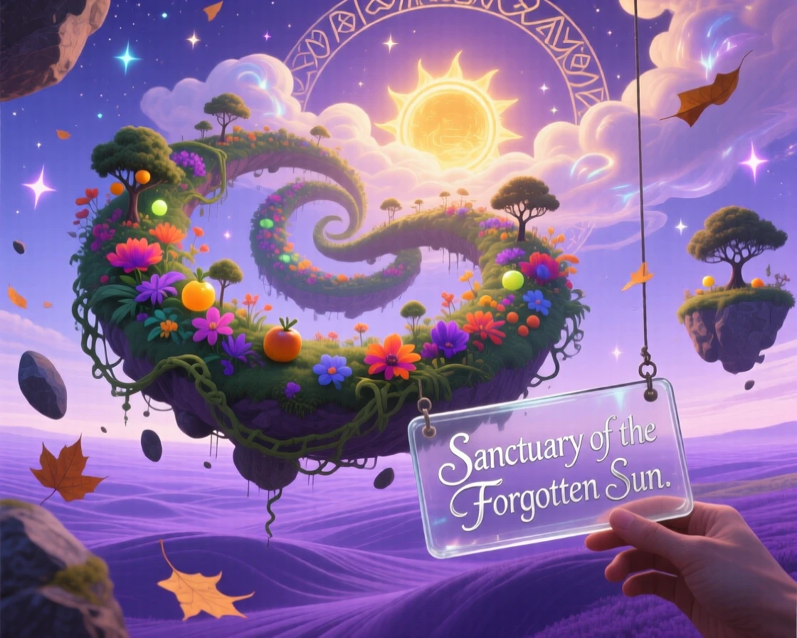 A spiral of floating gardens circling a hidden sun drifts slowly across a lavender horizon, as loose stones and leaves hover motionless around it.