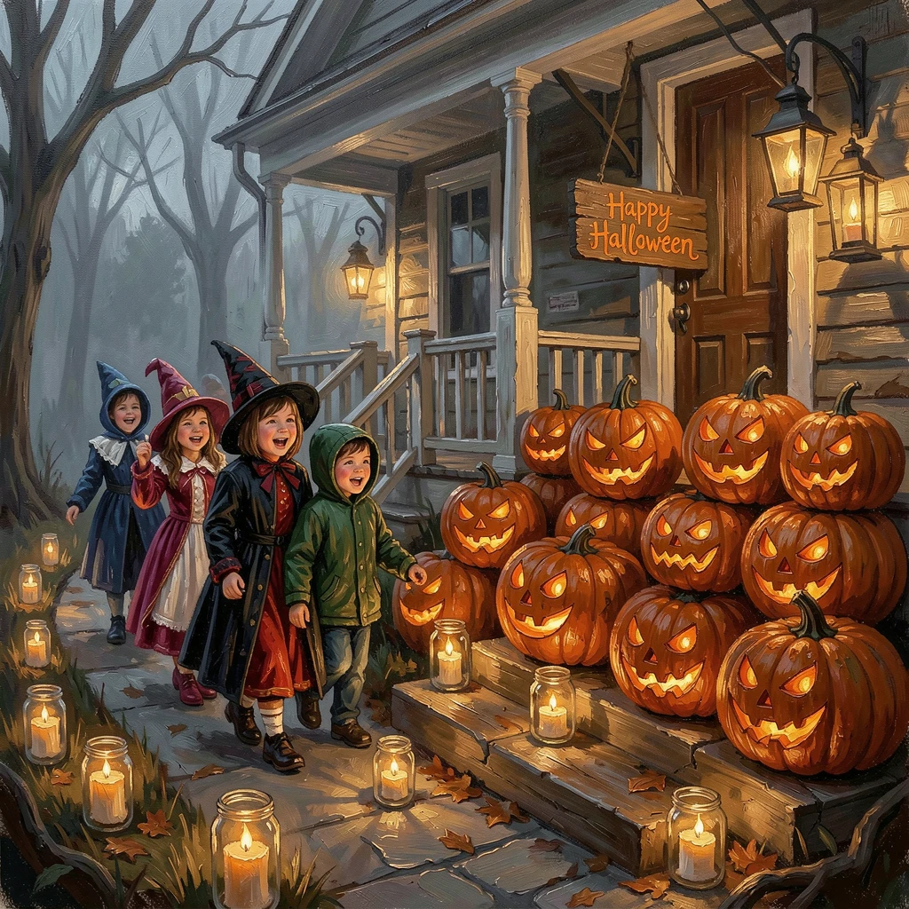 A spooky Halloween scene shows trick-or-treaters in costume walking a candlelit path past elaborately carved pumpkins on porch steps, warm ambient light illuminating faces filled with joy and communal spirit.
