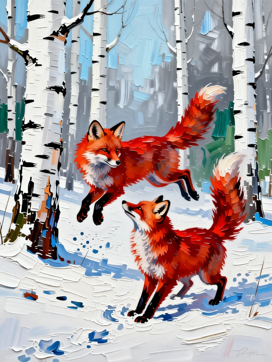 A pair of red foxes playing together in a snow-dusted birch forest
