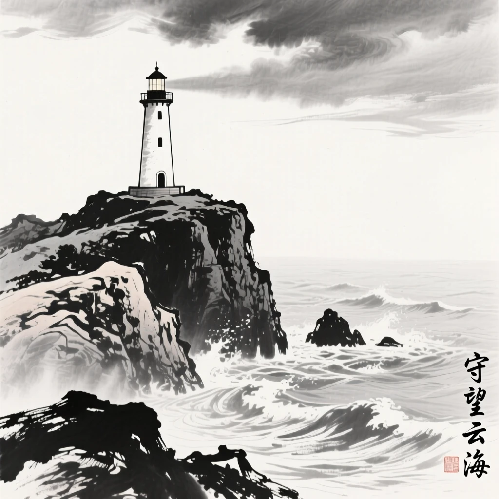 A lighthouse stands atop a rocky headland overlooking a stormy sea, as mist drifts slowly across the water's surface.