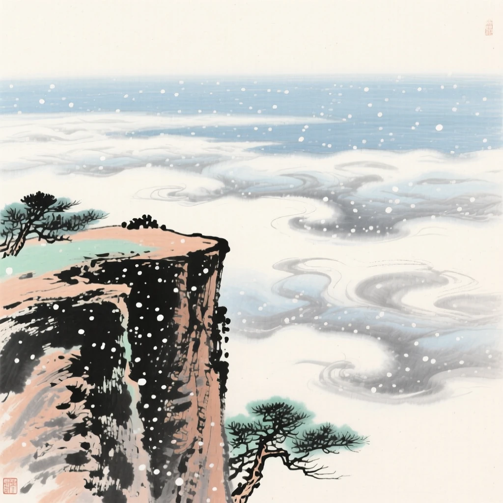 A cliffside overlook facing an endless sea of clouds, touched with gentle melancholy, beneath softly falling snow.