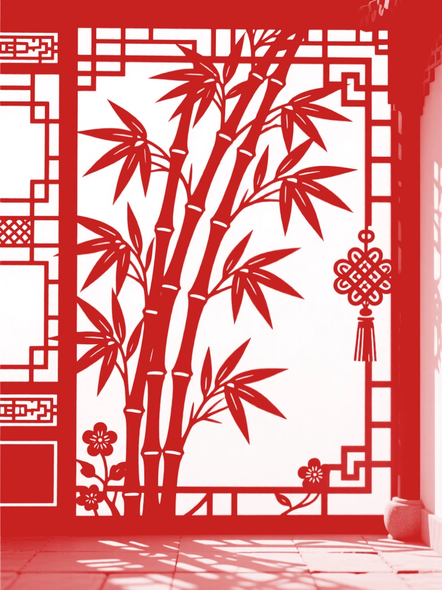 A bundle of bamboo leaves climbing a lattice trellis in a quiet courtyard, as soft light filters through the surrounding leaves.