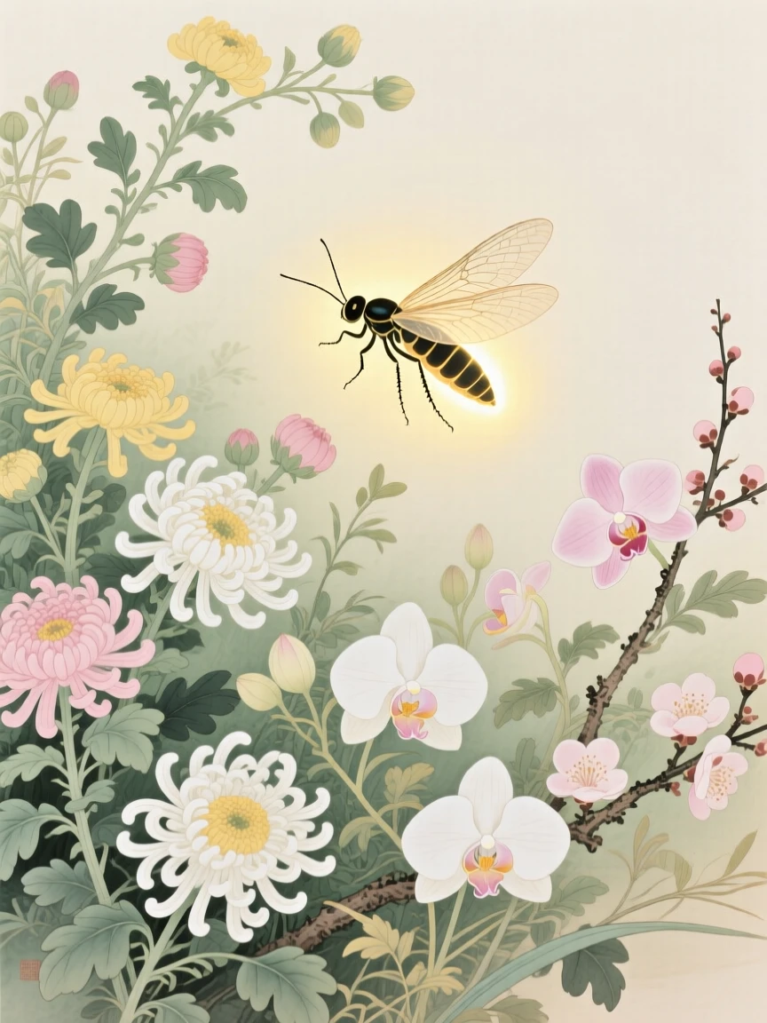 A single firefly among a cluster of wildflowers at midday