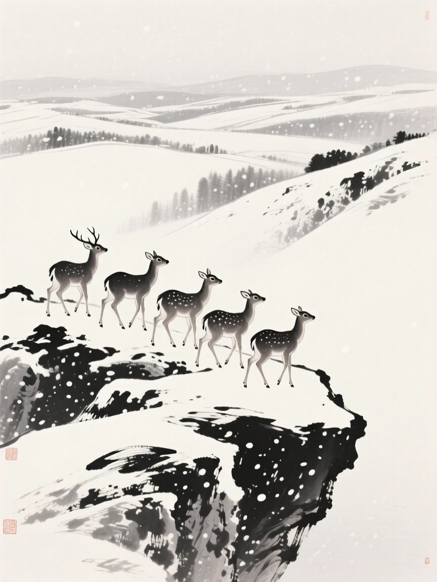 A small herd of deer moving silently through falling snow on a rocky outcrop above a valley, captured in profile against a soft, empty background, conveying quiet strength and natural grace.