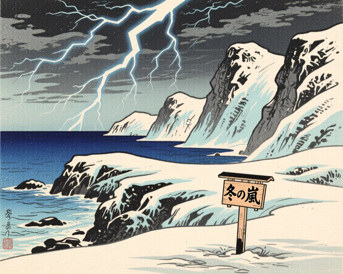 Dramatic lightning illuminating a rugged coastline, casting long shadows across untouched snow.