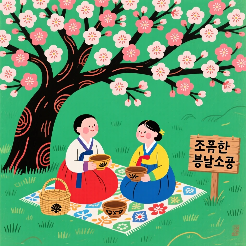 A couple sharing a quiet picnic under a blossoming tree.