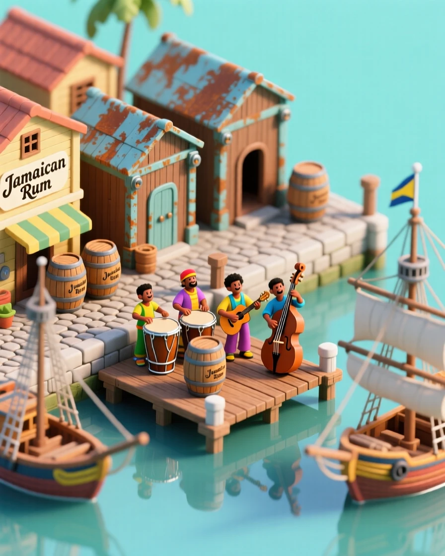 A colonial Jamaican port town with sugar warehouses, calypso musicians, and ships loading rum barrels along the dock.
