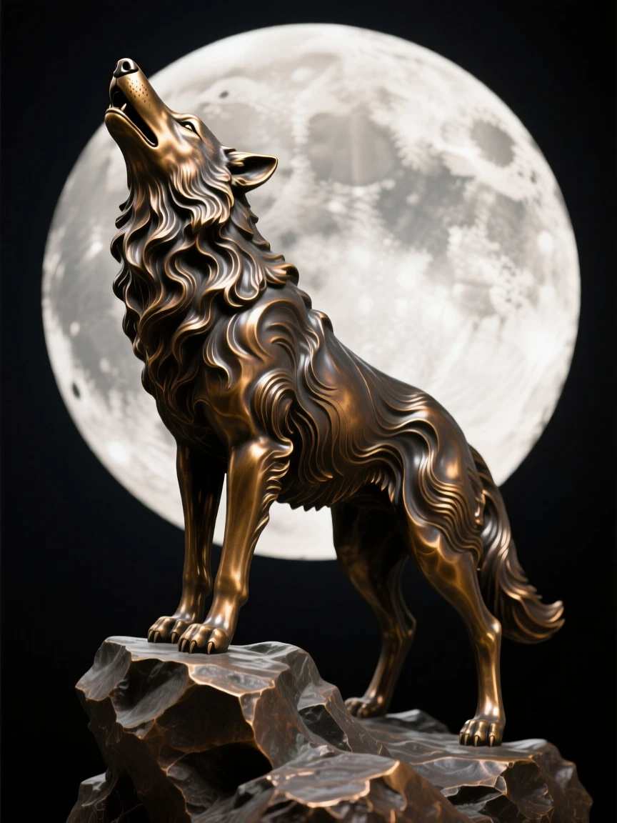 A wolf howling beneath a full moon, rendered with rich, dynamic energy, evoking wonder and majesty