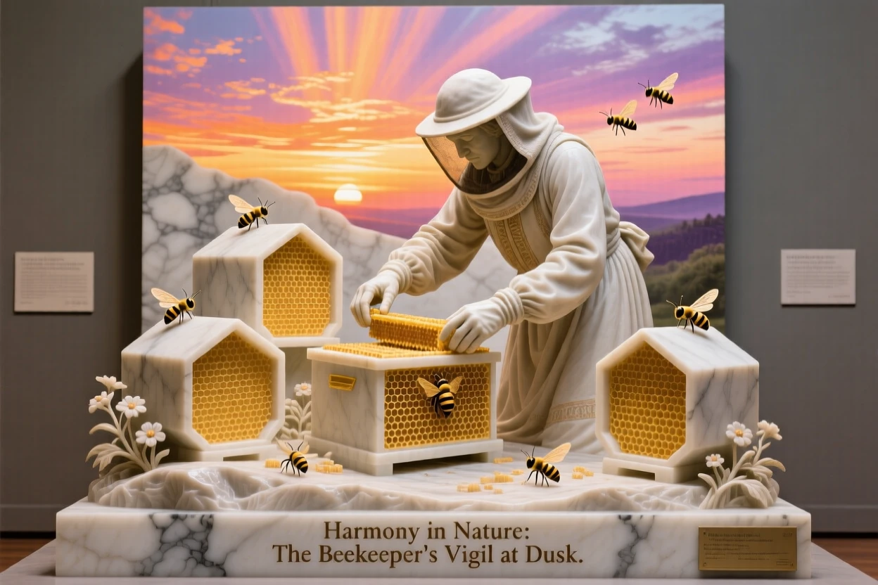 A vivid, emotionally rich scene of a beekeeper tending golden hives at sunset, under a brilliant, colorful sky, designed to captivate and inspire