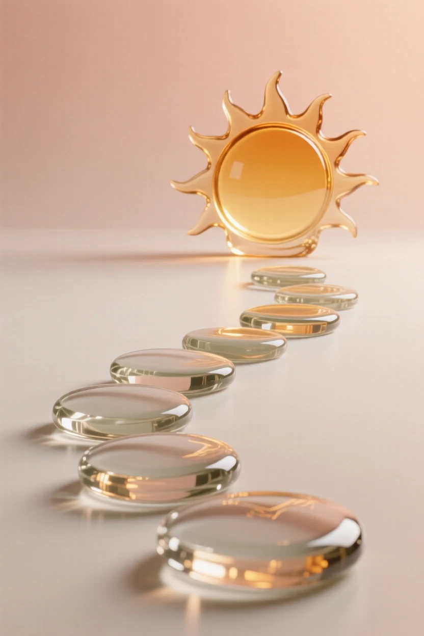 With a warm glow surrounding the entire scene, a pathway of stepping stones leading toward a distant rising sun
