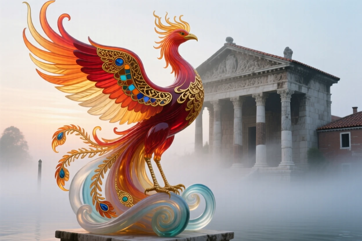 A grand phoenix rising above an ancient temple wrapped in the thickest morning mist at dawn, transcendent and radiant.