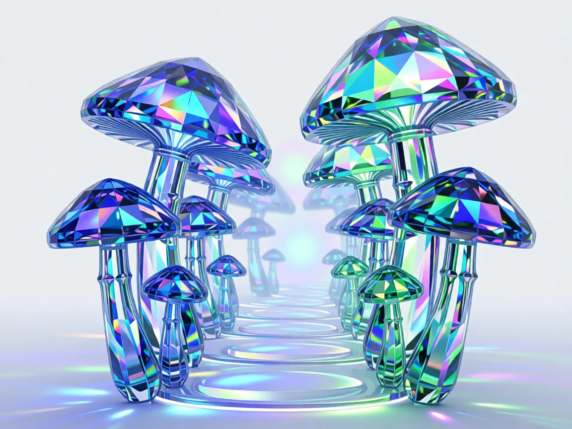 A dreamlike forest of glowing mushrooms forming a spiral path into mist.