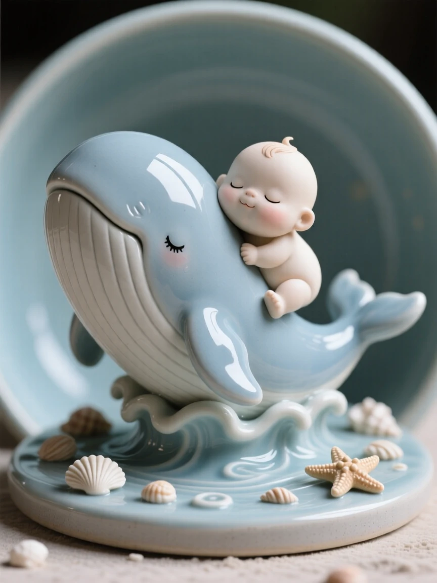 A chubby baby whale breaching playfully curled up in a picture of sleepy contentment, framed by a scattering of small playful props, stirring an overwhelming urge to smile.