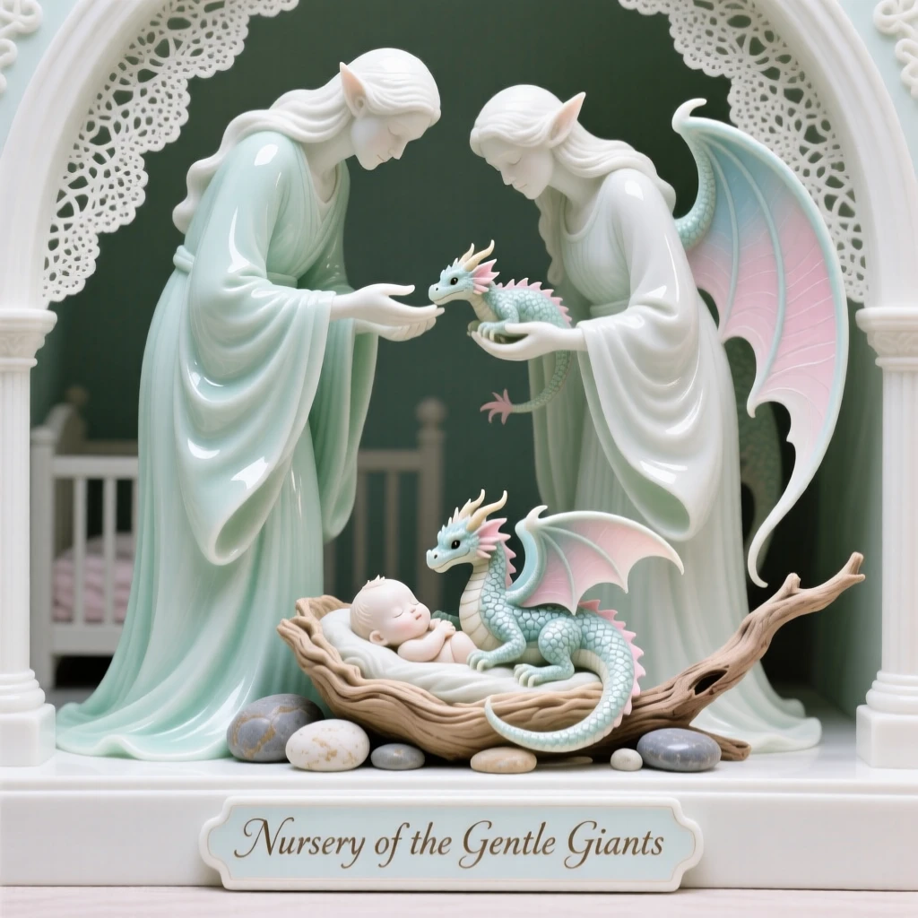 An imaginative vision of a nursery of baby dragons cared for by gentle giants, full of quiet grandeur and imaginative detail.