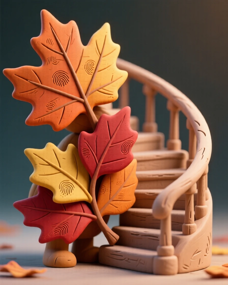 A spiral staircase made of interlocking autumn leaves