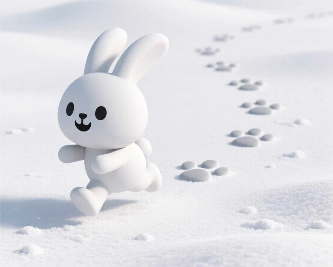 A cheerful snow bunny hops through a fresh powder field, leaving a trail of tiny paw prints behind.