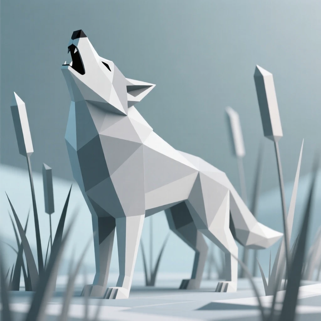 An arctic wolf howling into the night, amid tall swaying grass. the background gently blurs to keep focus on the subject. It captures a fleeting moment of freedom.