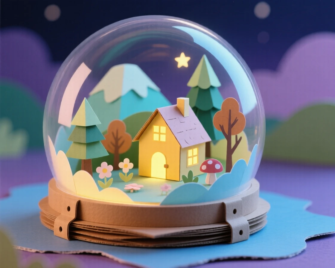 A miniature glowing world inside a terrarium glowing softly beneath a twilight sky, with a dreamlike glow surrounding the scene, capturing whimsical, surreal beauty.