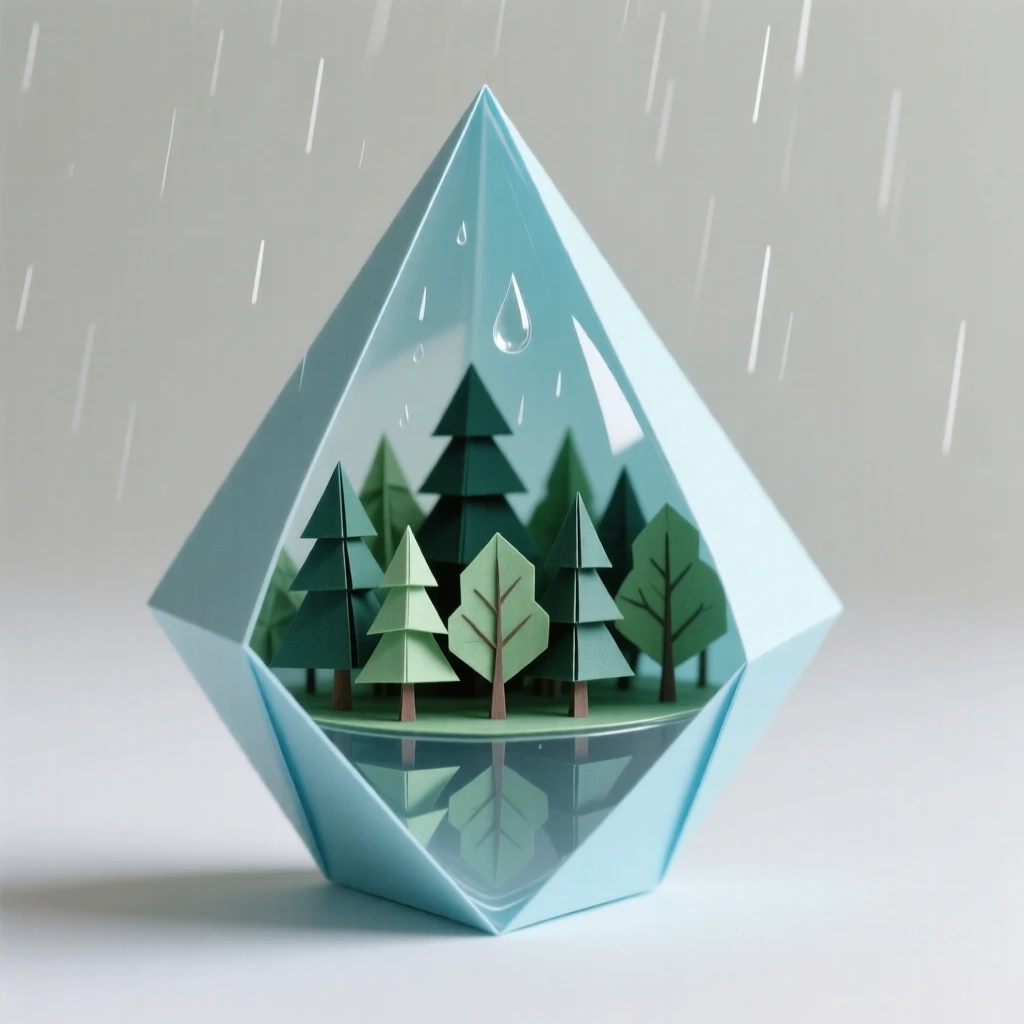 A single raindrop containing a tiny reflected forest, suspended just before it falls.