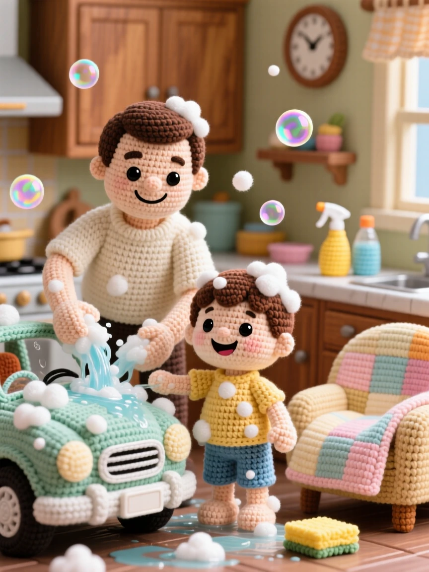 a father and son washing the family car together, both soaked with soapy water, laughing as bubbles float through the air, in a bustling family kitchen on a weekend morning, with a warm quilt draped over a nearby chair, radiating deep, unconditional love and togetherness.