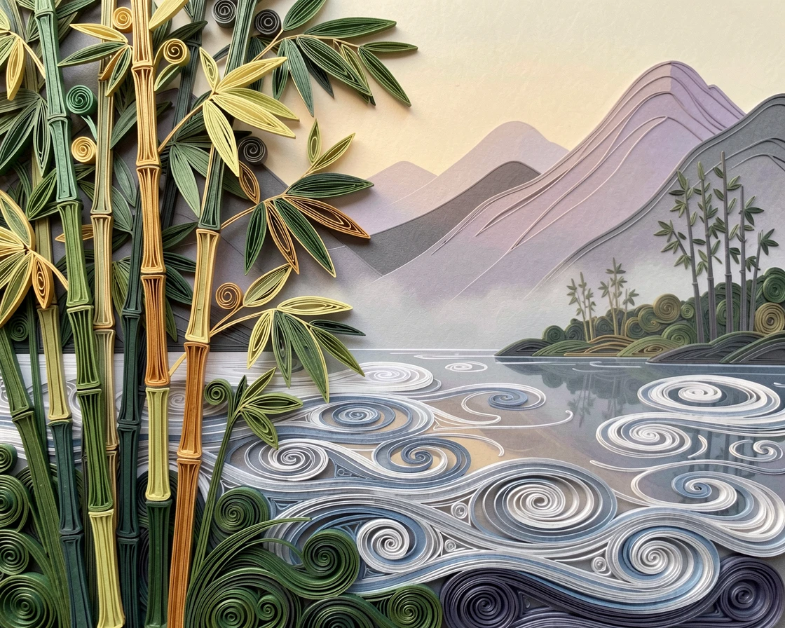A serene botanical study of a tranquil bamboo grove with tall green stalks along the edge of a misty mountain lake, with soft golden hour light washing over the scene, layered from foreground to background for depth.