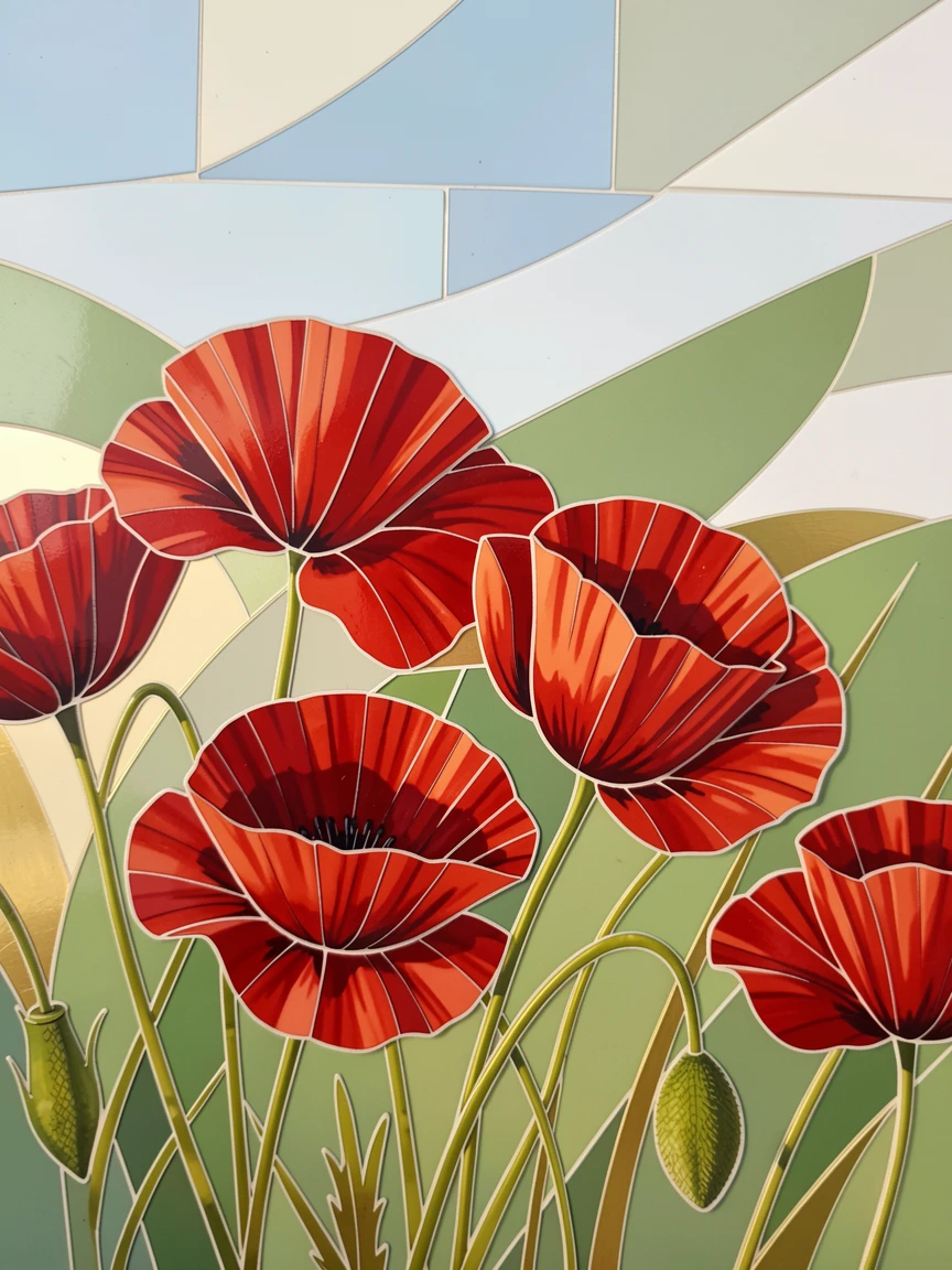 A close-up macro view of a field of red poppies swaying gently in the breeze, showing intricate petal texture and delicate detail.