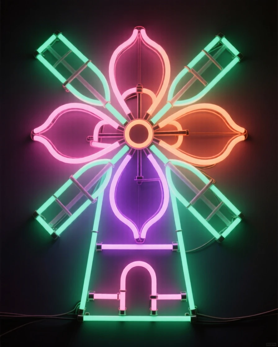 A windmill whose blades are made of overlapping flower petals.
