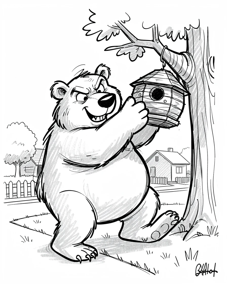 A bear trying to fit into a tiny beehive for honey on a quiet suburban street.