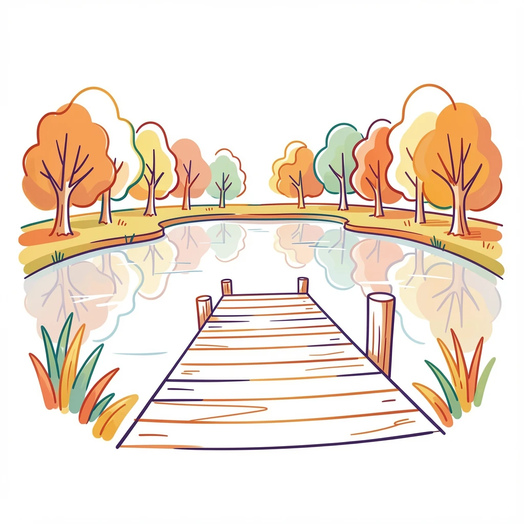 A single wooden dock stretching into a lake ringed by autumn trees.