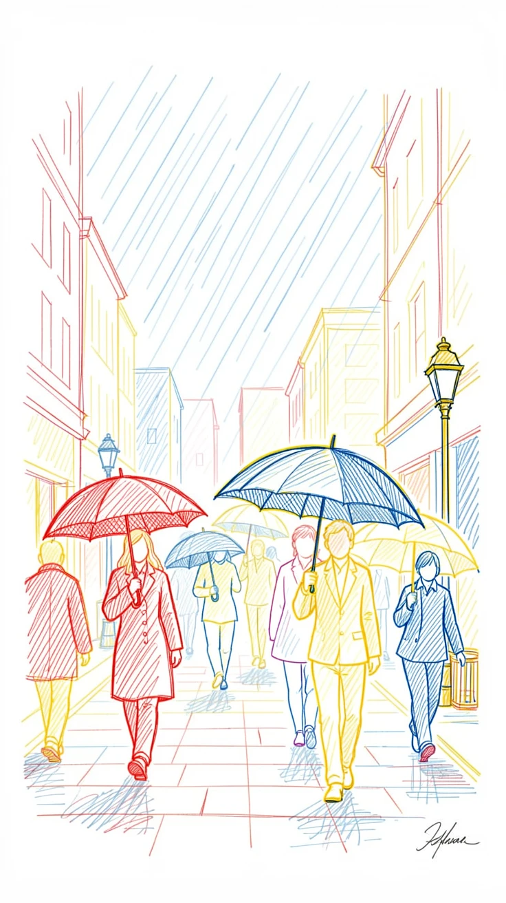 A city street transformed by a sudden downpour, umbrellas blooming like flowers