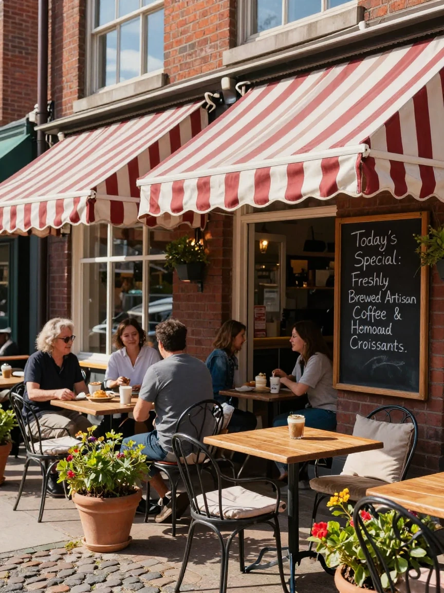 A charming outdoor café with striped awnings