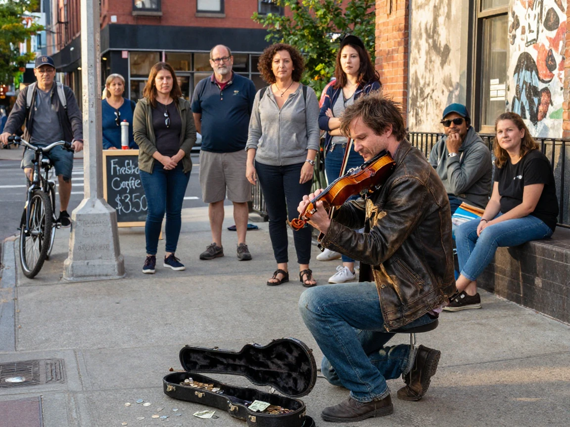 A street musician's violin case fills with coins as a small crowd lingers to listen.