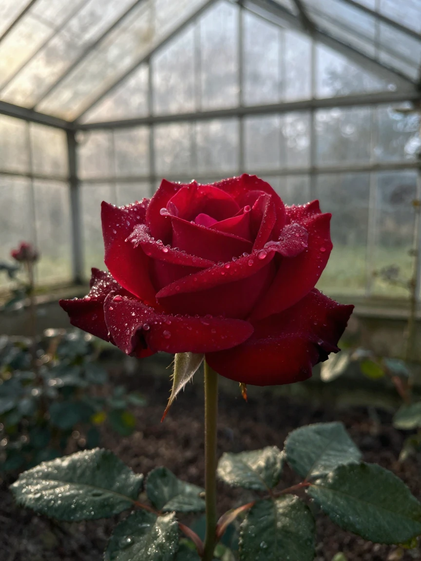 A single red rose covered in morning dew inside a greenhouse